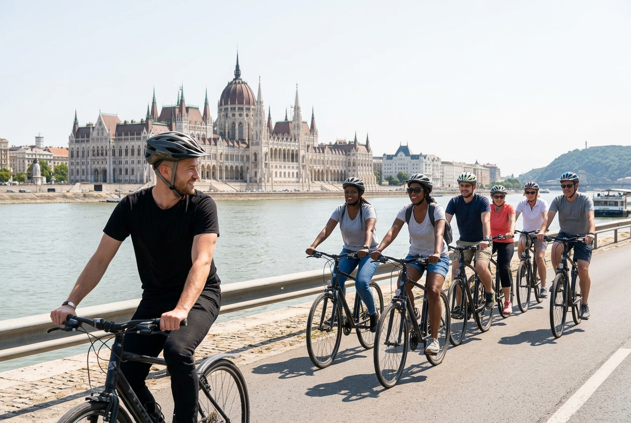 Ádám guiding a bike tour by the Budapest Parliament — by day