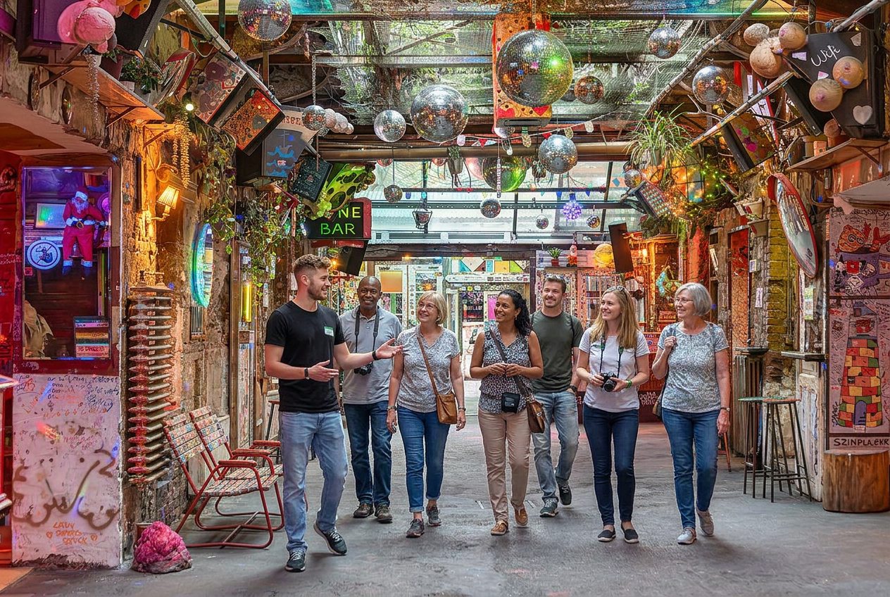Ádám and his group in a hidden Budapest pub — by day