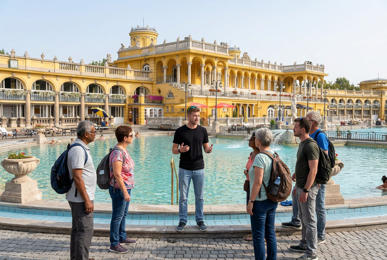 The outdoor pools of Széchenyi Thermal Bath in Budapest — by day